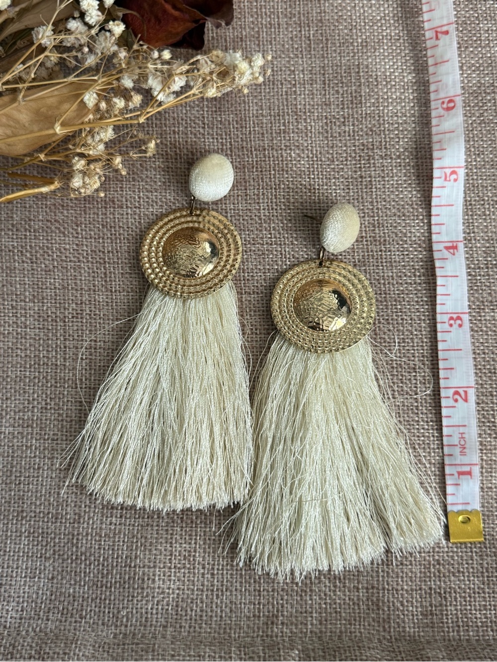 Gold and Cream Tassel Drop Earrings - Elegant Statement Jewelry